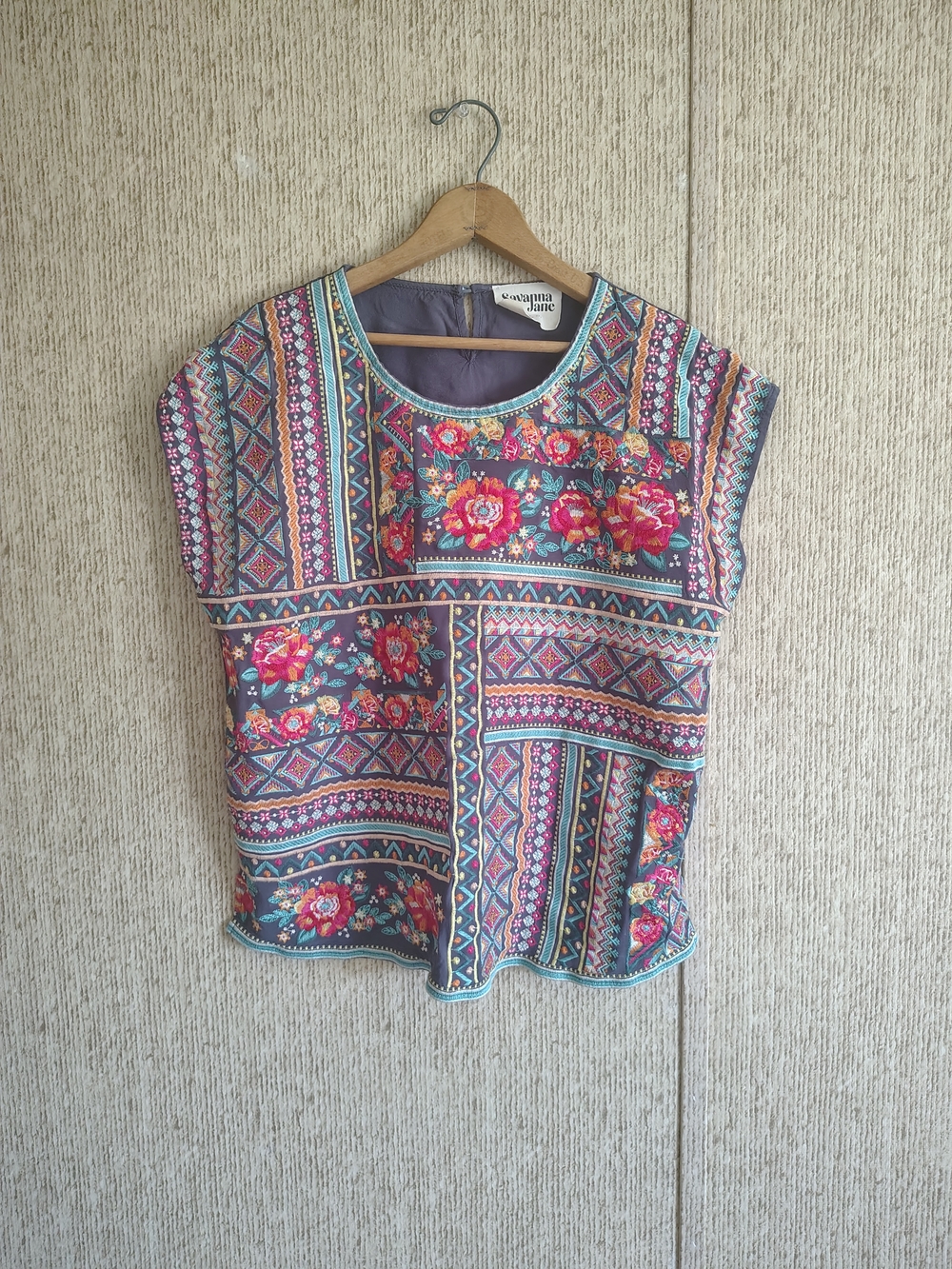 Savanna Jane Blue, Red, Orange Floral Embroidered Boho Blouse, Sz L